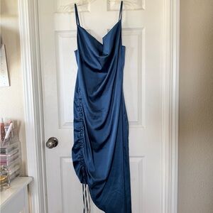 Satin Cowl Neck Slip Dress - Blue
